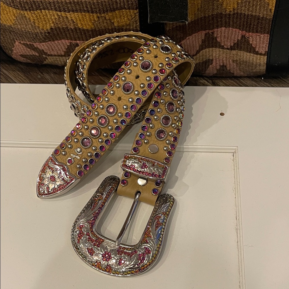 Kippys Beige Belt with Silver and Pink Swarovski Crystal Embellishments.
